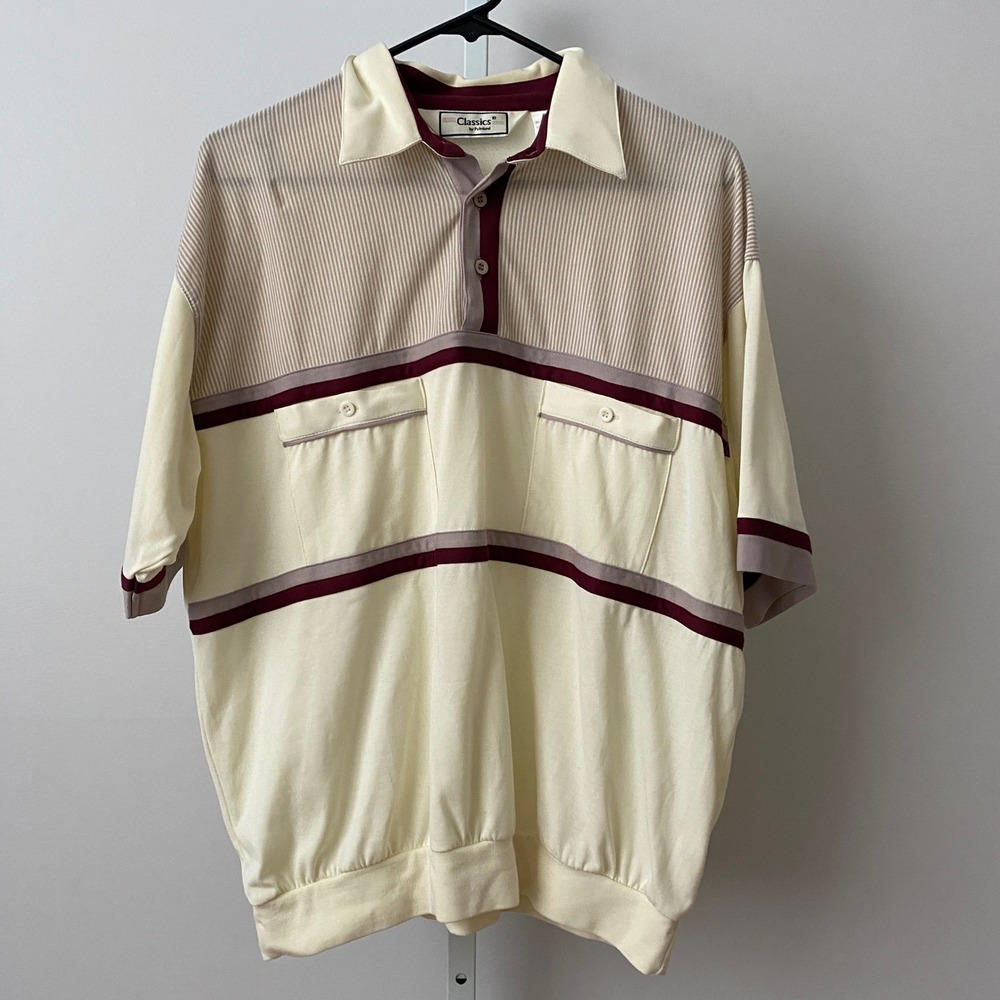 Palmland Cotton Blend Grandmacore Coastal Retro Striped Polo Shirt Large Cream